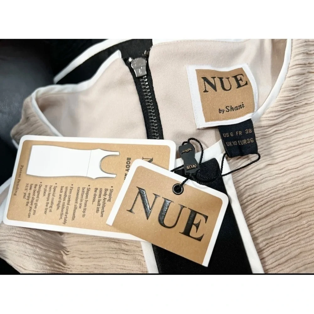 NUE by Shani Sz 6 Ruched Beige Black White Sheath Dress Shape Slimming